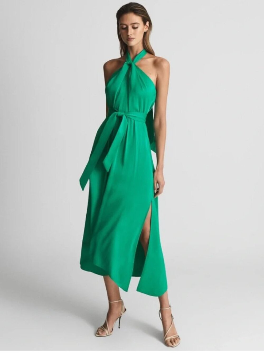 Reiss Green Twist Halter Neck Tie Waist Midi Dress - Size US 10 / UK 14
